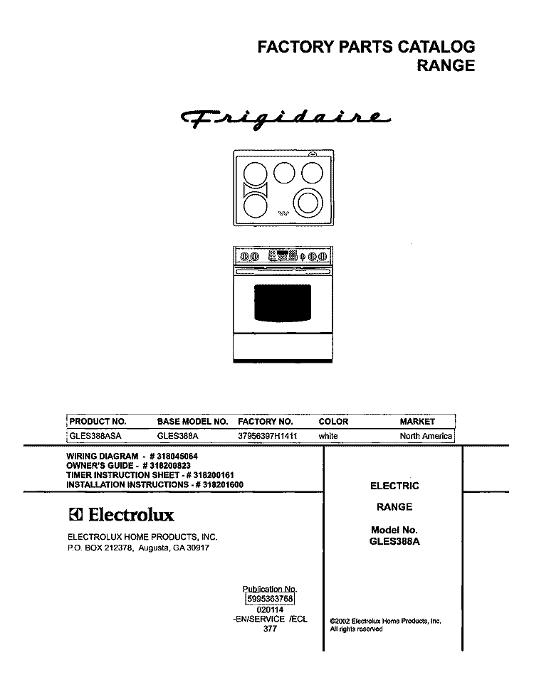 COVER Diagram and Parts List for GLES388ASA  Frigidaire Range