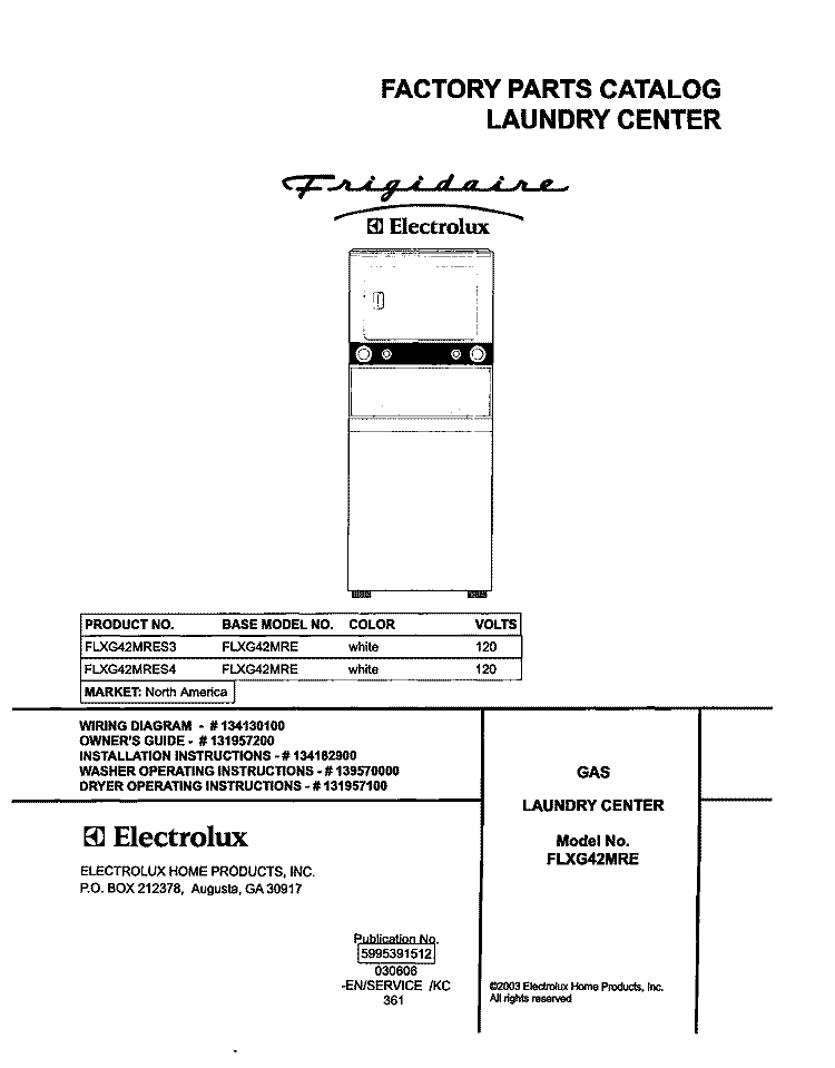 COVER Diagram and Parts List for FLXG42MRES3  Frigidaire Washer Dryer Combo