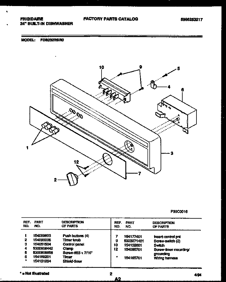 CONSOLE AND CONTROL PARTS Diagram and Parts List for FDB232RBR0  Frigidaire Dishwasher