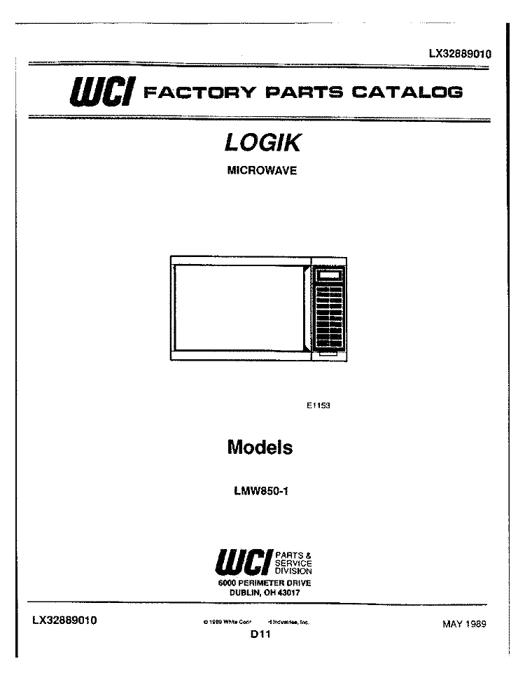 COVER Diagram and Parts List for LMW850-1  Frigidaire Microwave