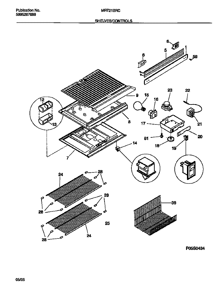 SHELVES / CONTROLS Diagram and Parts List for MRT21BRCW0  Uni Refrigerator