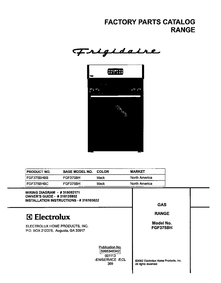 COVER Diagram and Parts List for FGF375BHBB  Frigidaire Range
