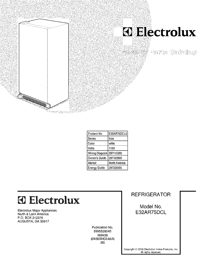COVER Diagram and Parts List for E32AR75DCL0  Electrolux Refrigerator