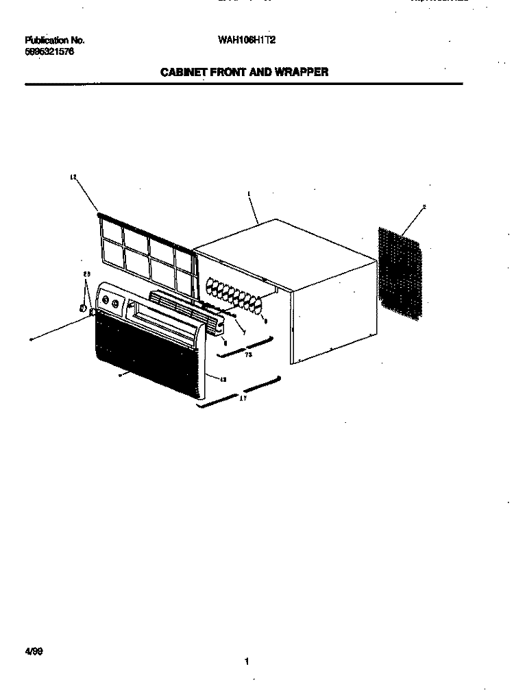 CABINET FRONT / WRAPPER Diagram and Parts List for WAH106H1T2  Frigidaire Air Conditioner