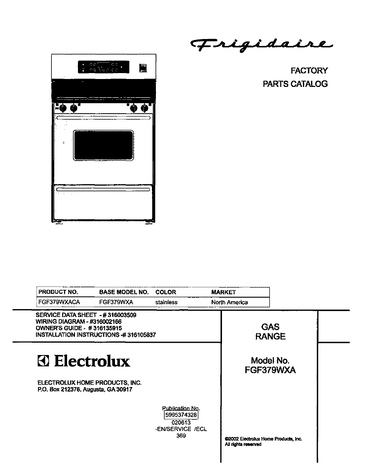COVER Diagram and Parts List for FGF379WXACA  Frigidaire Range