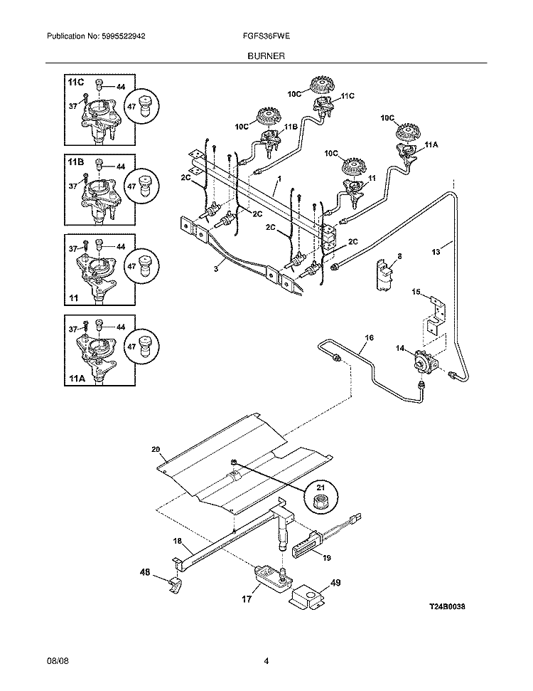 BURNER Diagram and Parts List for FGFS36FWE  Frigidaire Range