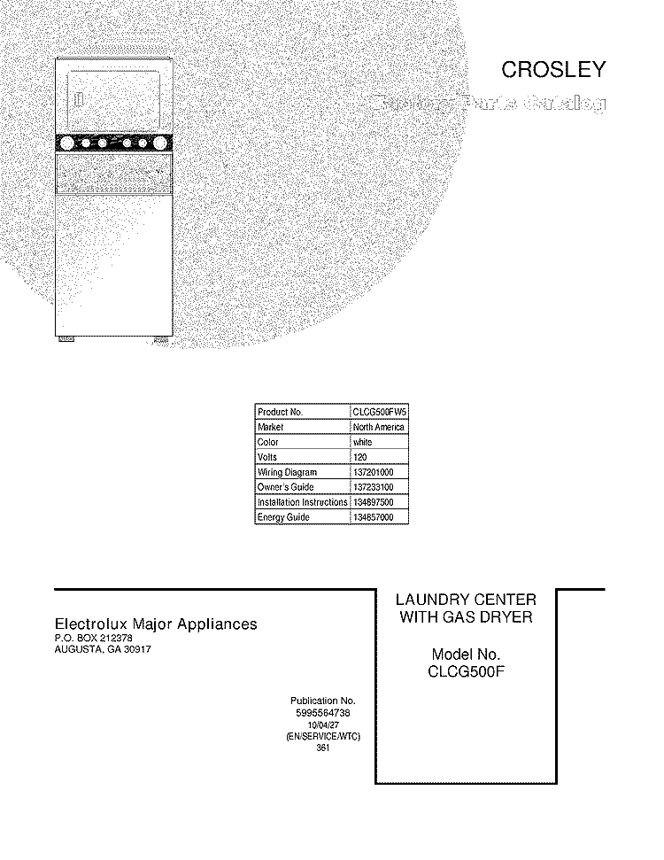 COVER Diagram and Parts List for CLCG500FW5  Crosley Washer Dryer Combo