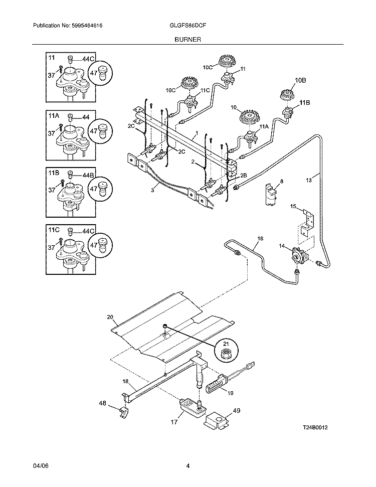 BURNER Diagram and Parts List for GLGFS86DCF  Frigidaire Range