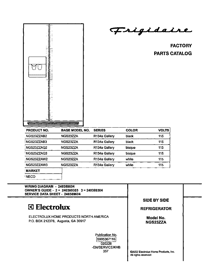 COVER Diagram and Parts List for NGS23ZZAW2  Frigidaire Refrigerator