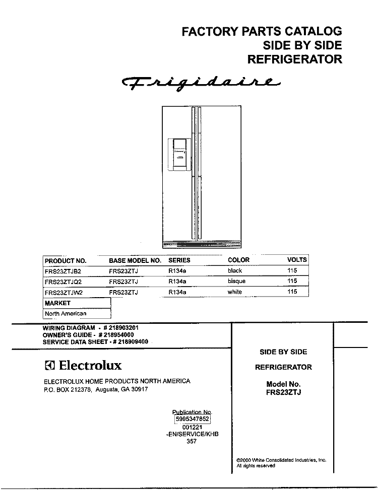 COVER Diagram and Parts List for FRS23ZTJW2  Frigidaire Refrigerator