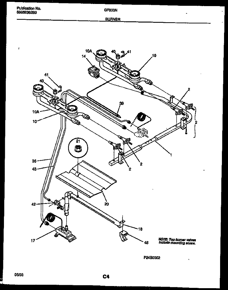 BURNER, MANIFOLD AND GAS CONTROL Diagram and Parts List for GF300NW6  Frigidaire Range