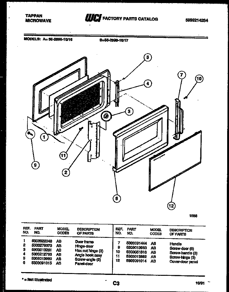 DOOR PARTS Diagram and Parts List for 56-2898-10-16  Tappan Microwave