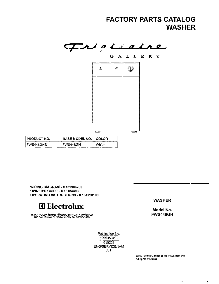 COVER Diagram and Parts List for FWS446GHS1  Frigidaire Washer