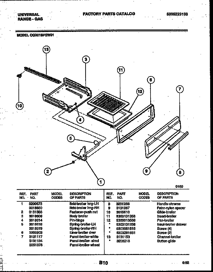 BROILER DRAWER PARTS Diagram and Parts List for CG301SP2WJ01  Uni Range