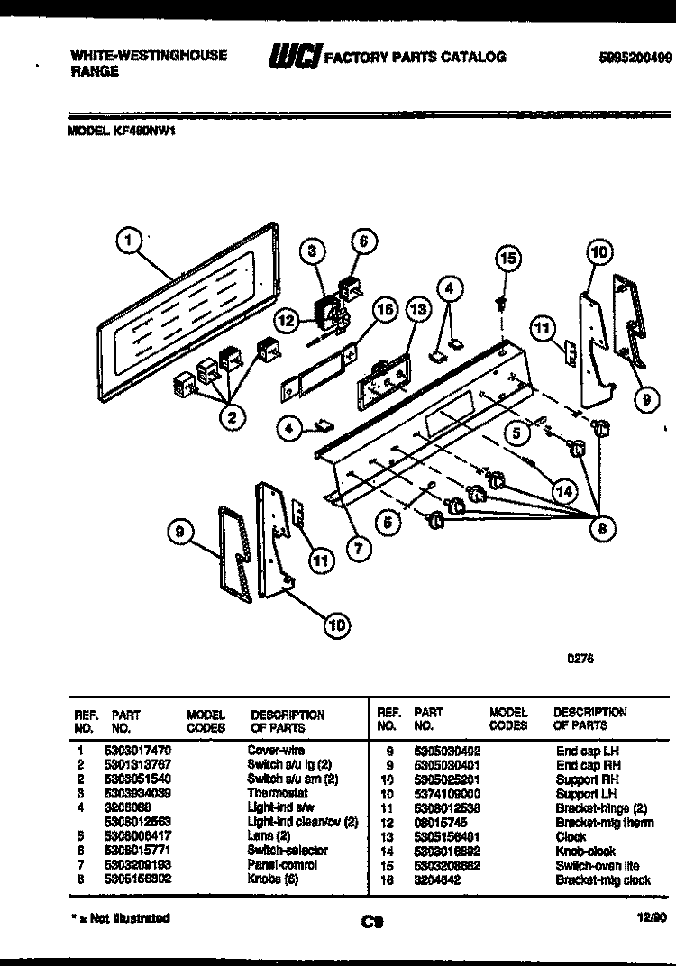 CONTROL PANEL Diagram and Parts List for KF480NW1  Frigidaire Range