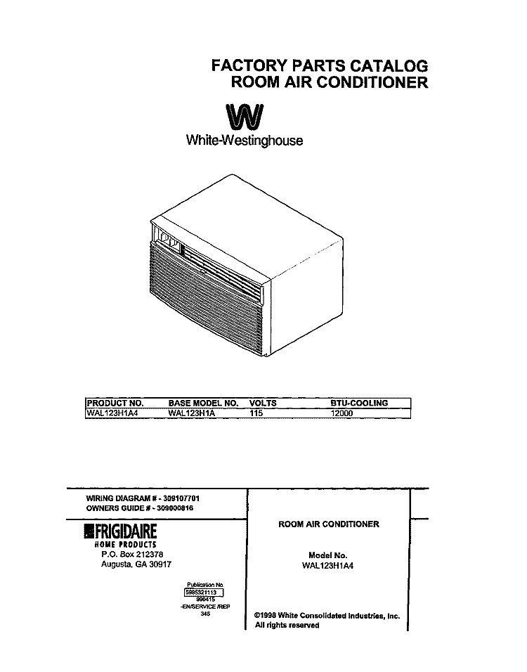 COVER Diagram and Parts List for WAL123H1A4  Frigidaire Air Conditioner