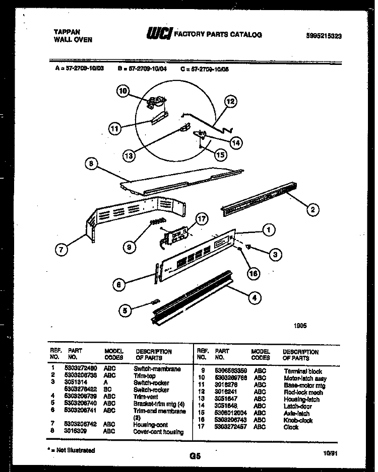 CONTROL PANEL Diagram and Parts List for 57-2709-10-05  Tappan Microwave Oven Combo