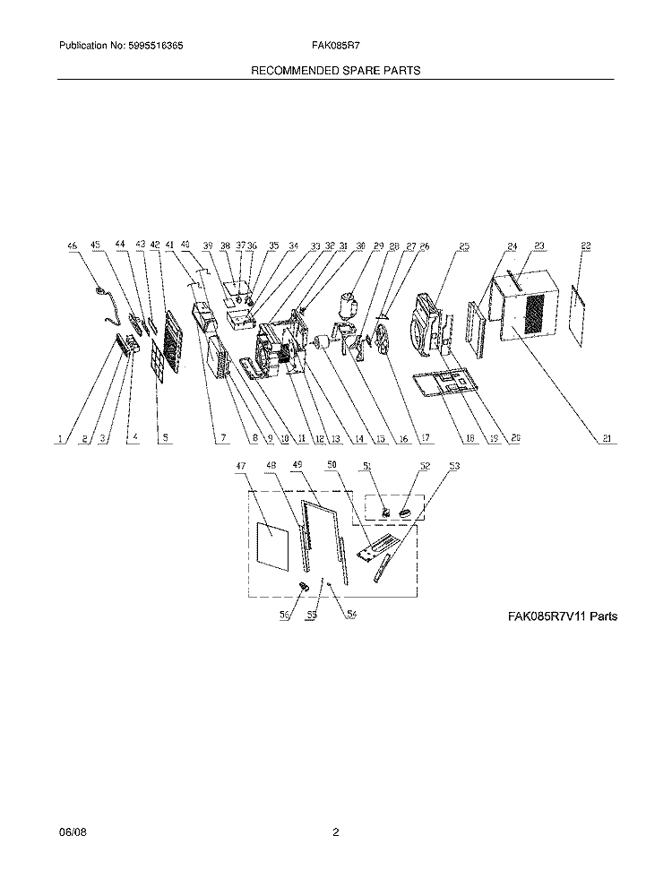 RECOMMENDED SPARE PARTS Diagram and Parts List for FAK085R7V13  Frigidaire Air Conditioner