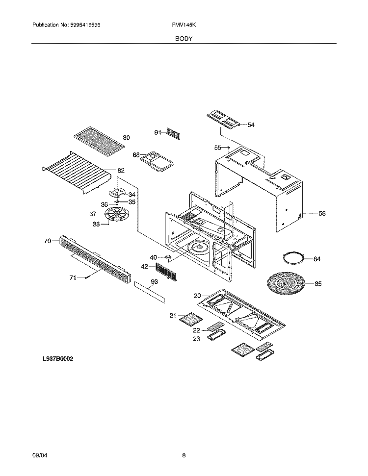 BODY Diagram and Parts List for FMV145KB2  Frigidaire Microwave