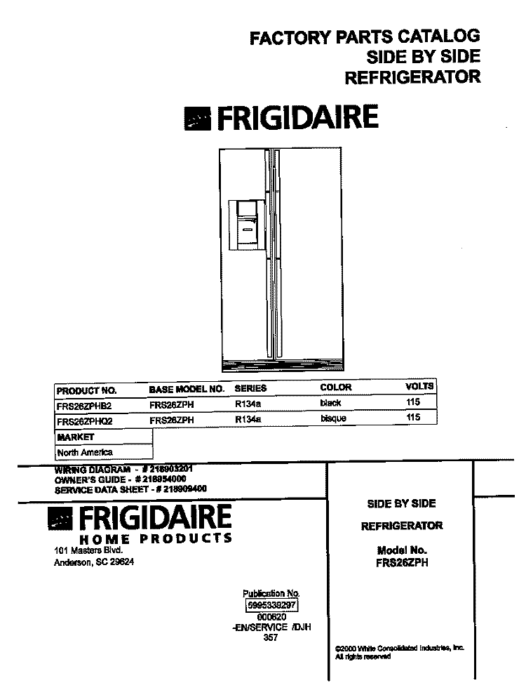 COVER Diagram and Parts List for FRS26ZPHQ2  Frigidaire Refrigerator