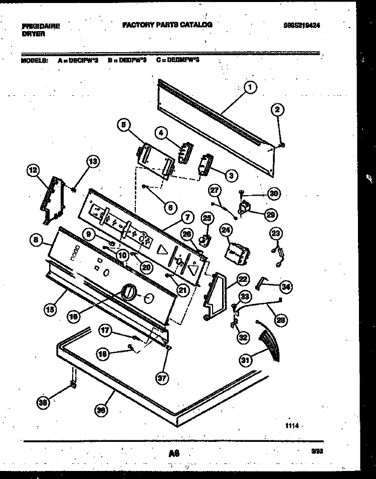 CONSOLE AND CONTROL PARTS Diagram and Parts List for DEDMFW3  Frigidaire Dryer