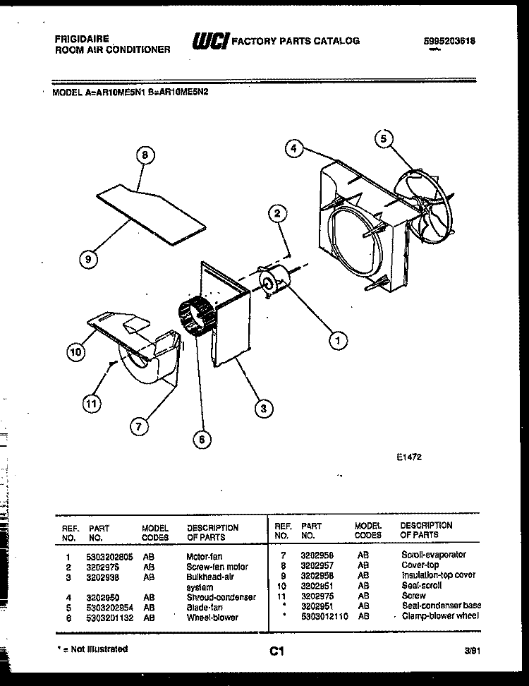 AIR HANDLING PARTS Diagram and Parts List for AR10ME5N2  Frigidaire Air Conditioner
