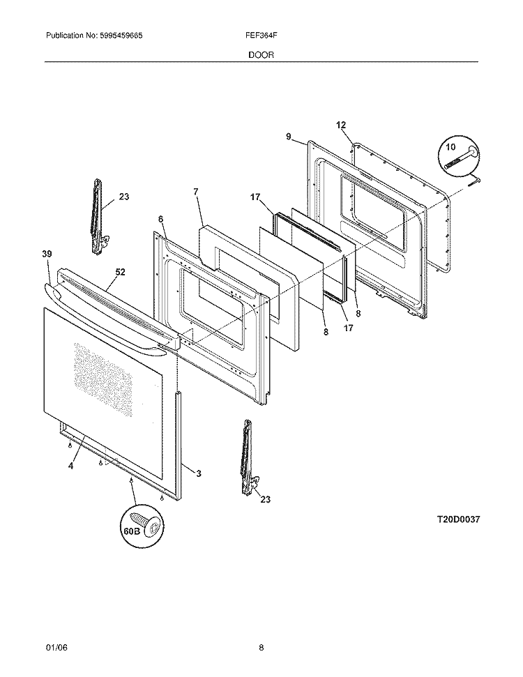 DOOR Diagram and Parts List for FEF364FWA  Frigidaire Range