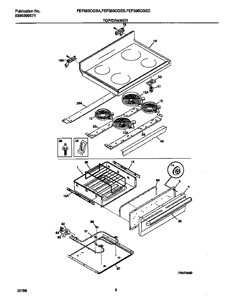TOP / DRAWER Diagram and Parts List for FEF366CGSA  Frigidaire Range