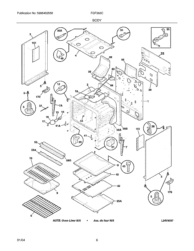 BODY Diagram and Parts List for FGF366CQD  Frigidaire Range