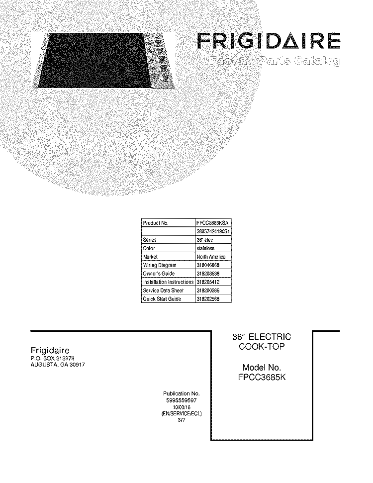 COVER Diagram and Parts List for FPCC3685KSA  Frigidaire Cooktop