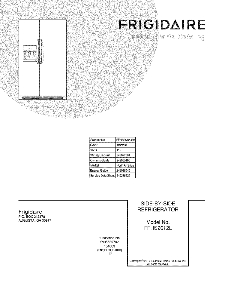 COVER Diagram and Parts List for FFHS2612LS0  Frigidaire Refrigerator