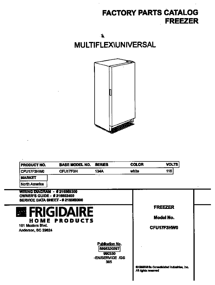 COVER Diagram and Parts List for CFU17F3HW0  Frigidaire Freezer