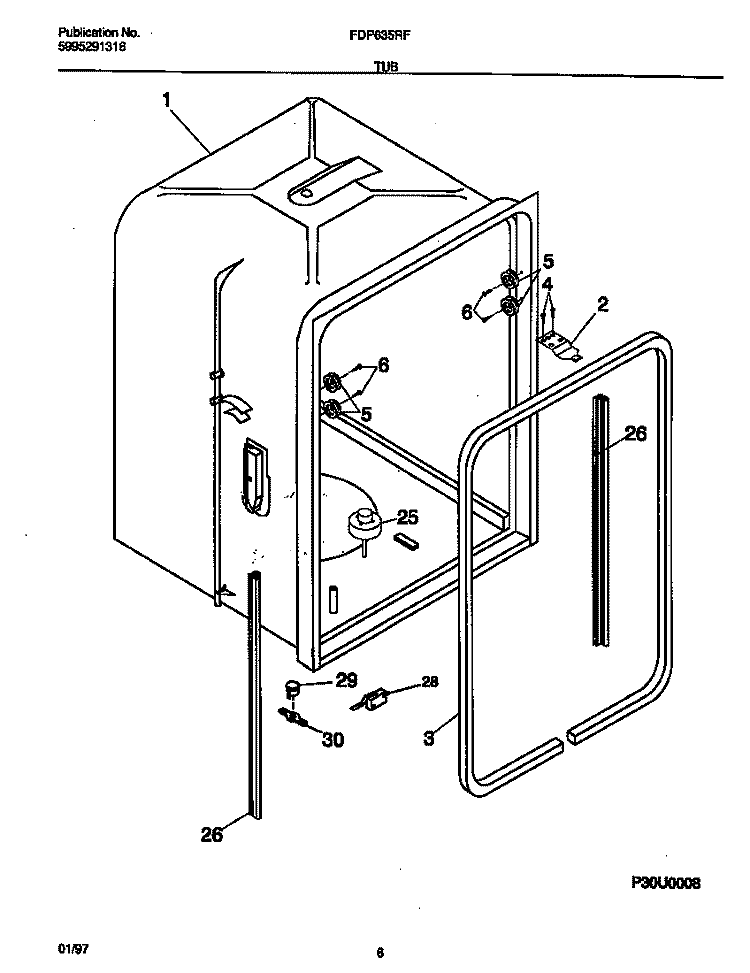 TUB Diagram and Parts List for FDP635RFR0  Frigidaire Dishwasher