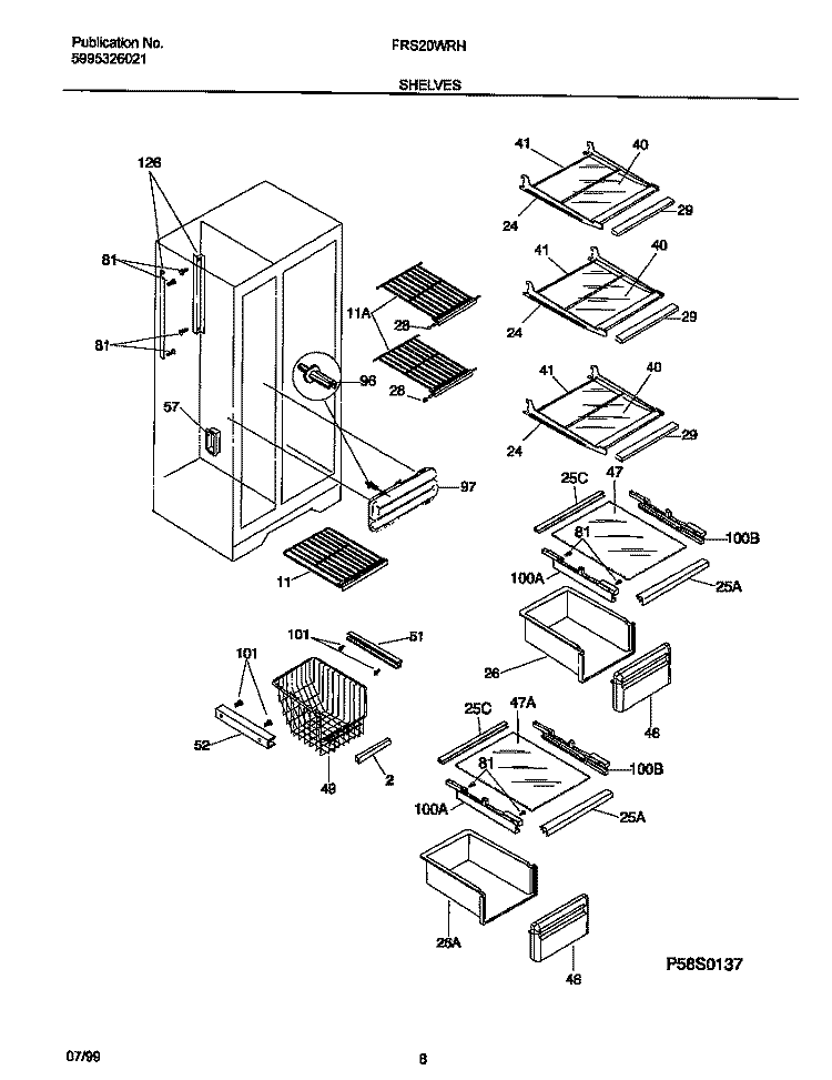 SHELVES Diagram and Parts List for FRS20WRHW2  Frigidaire Refrigerator