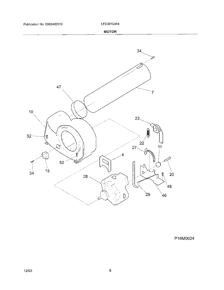 MOTOR Diagram and Parts List for LFD301GW4  Frigidaire Dryer