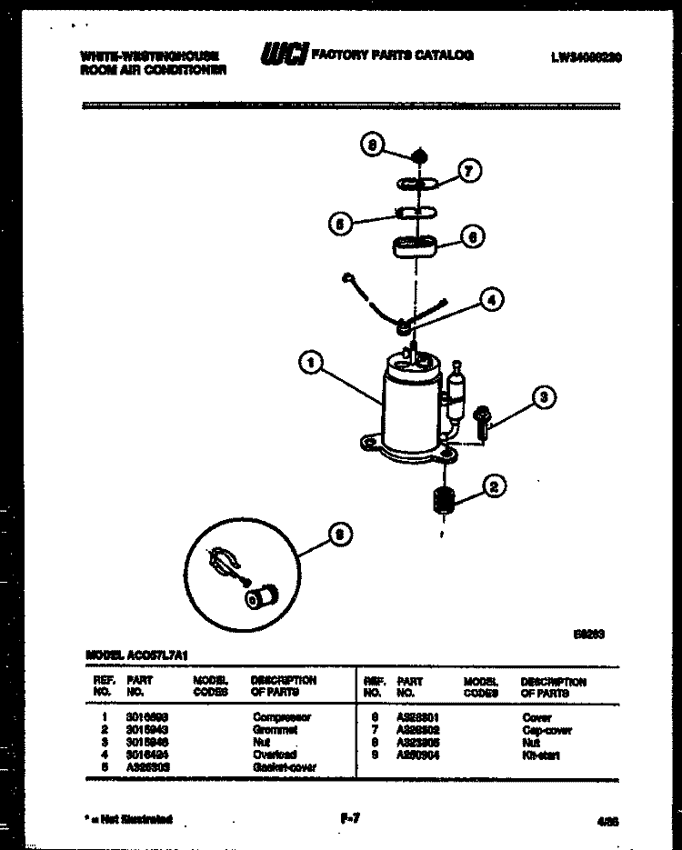 COMPRESSOR PARTS Diagram and Parts List for AC057L7A1  Frigidaire Air Conditioner