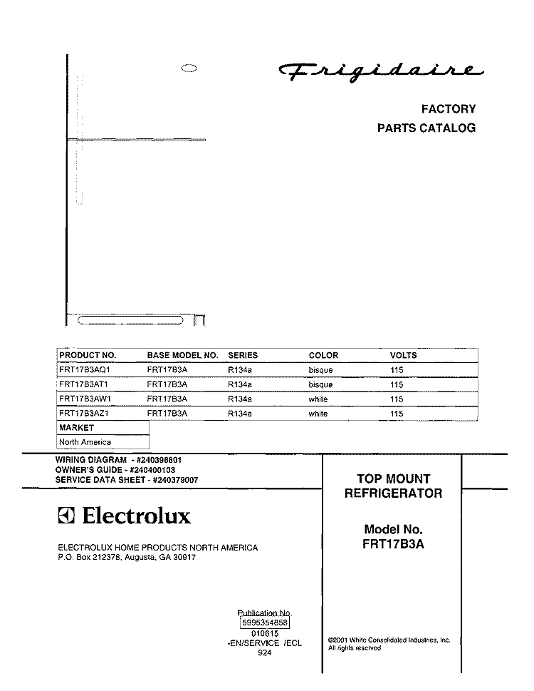 COVER Diagram and Parts List for FRT17B3AT1  Frigidaire Refrigerator