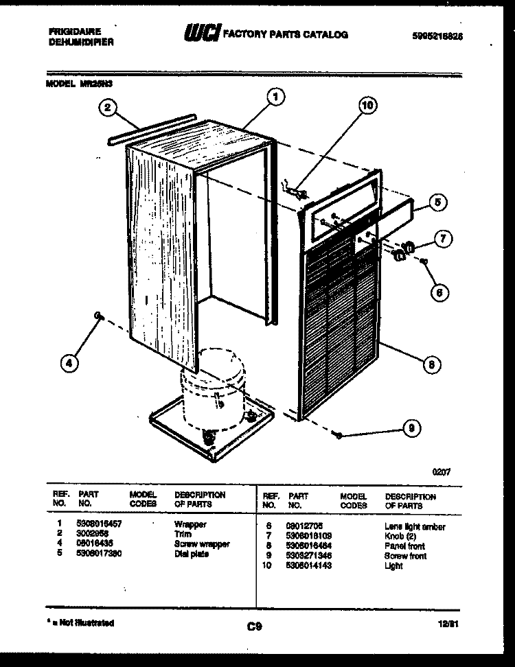 CABINET AND CONTROL PARTS Diagram and Parts List for MR25N3  Frigidaire Dehumidifier