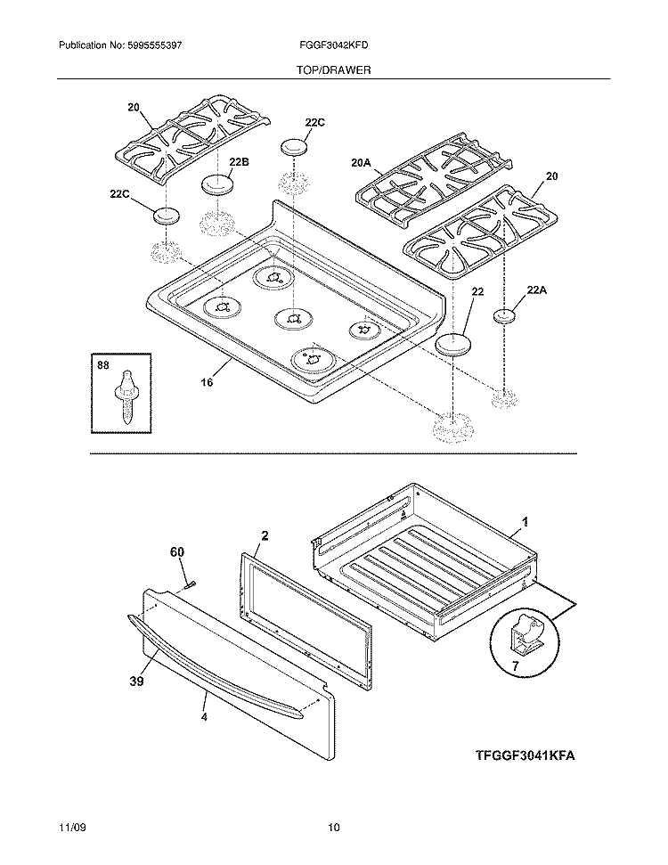 TOP/DRAWER Diagram and Parts List for FGGF3042KFD  Frigidaire Range