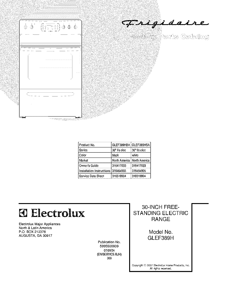 COVER Diagram and Parts List for GLEF389HBA  Frigidaire Range