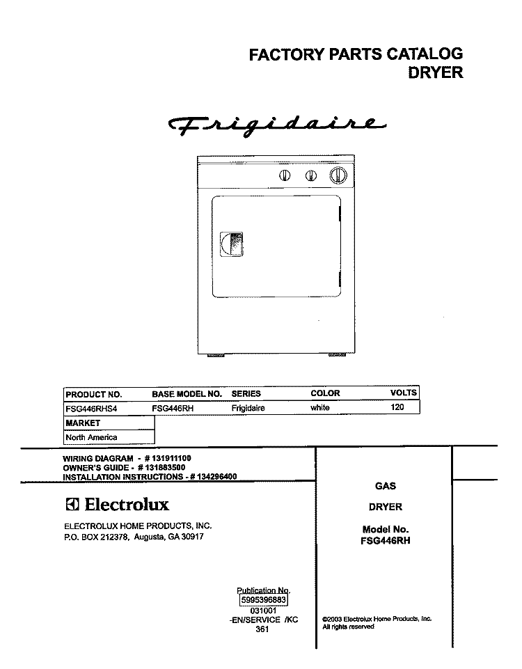 COVER Diagram and Parts List for FSG446RHS4  Frigidaire Dryer