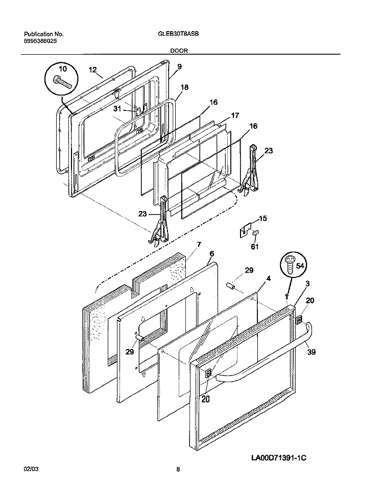 DOOR Diagram and Parts List for GLEB30T8ASB  Frigidaire Wall Oven