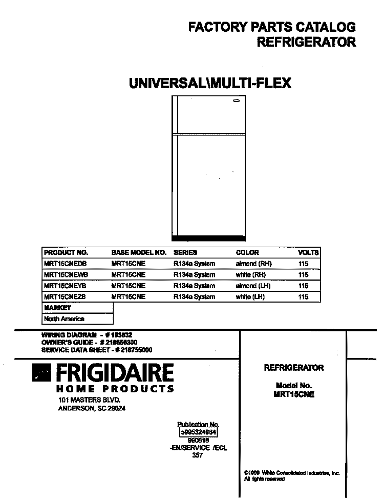 COVER Diagram and Parts List for MRT15CNEWB  Frigidaire Refrigerator