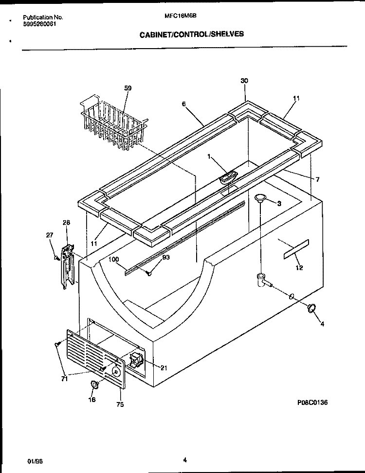 CABINET / CONTROL / SHELVES Diagram and Parts List for MFC13M6BW1  Frigidaire Freezer