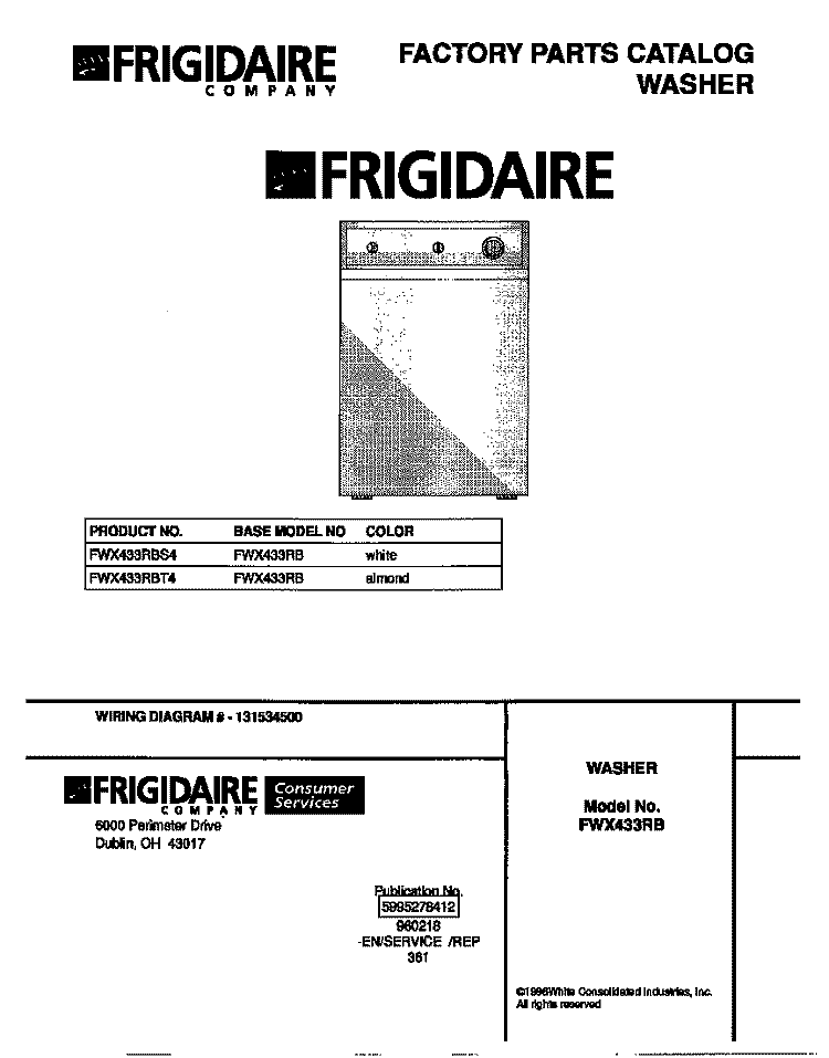 COVER Diagram and Parts List for FWX433RBS4  Frigidaire Washer