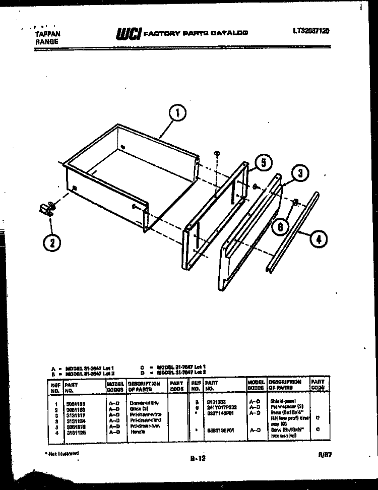 DRAWER PARTS Diagram and Parts List for 31-3647-66-02  Tappan Range
