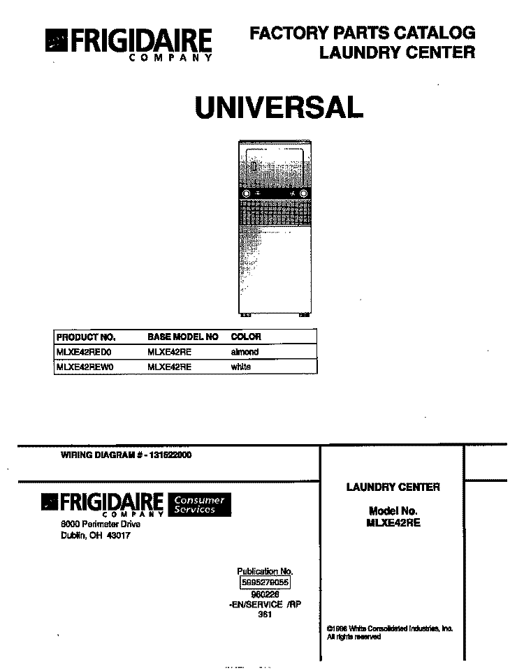 COVER Diagram and Parts List for MLXE42REW0  Frigidaire Washer Dryer Combo