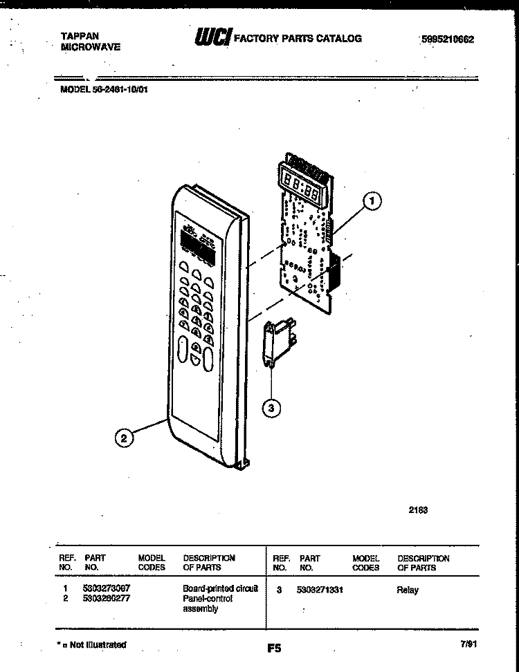 CONTROL PANEL Diagram and Parts List for 56-2461-10-01  Tappan Microwave