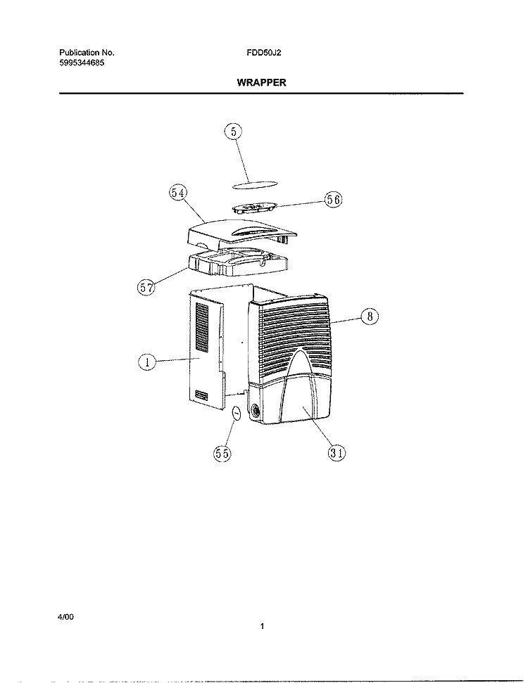 WRAPPER Diagram and Parts List for FDD50J2  Frigidaire Dehumidifier