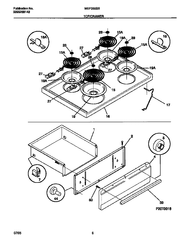 TOP / DRAWER Diagram and Parts List for MEF350SBDB  Frigidaire Range